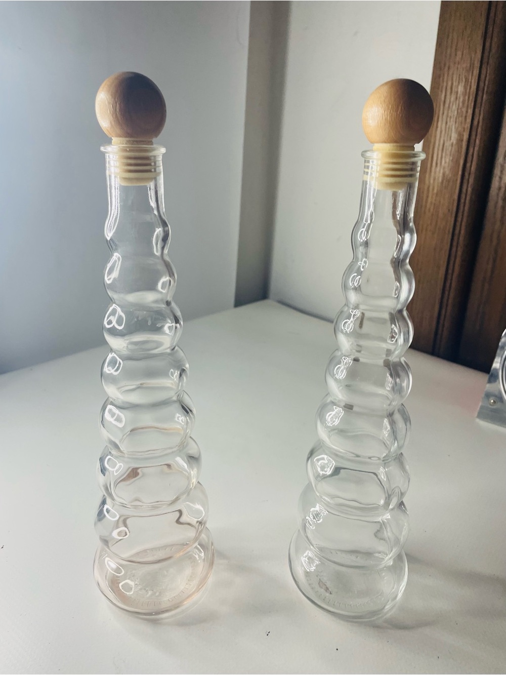 Clear Glass Ripple Oil & Vinegar Bottle with Wood Stopper - Set of 2